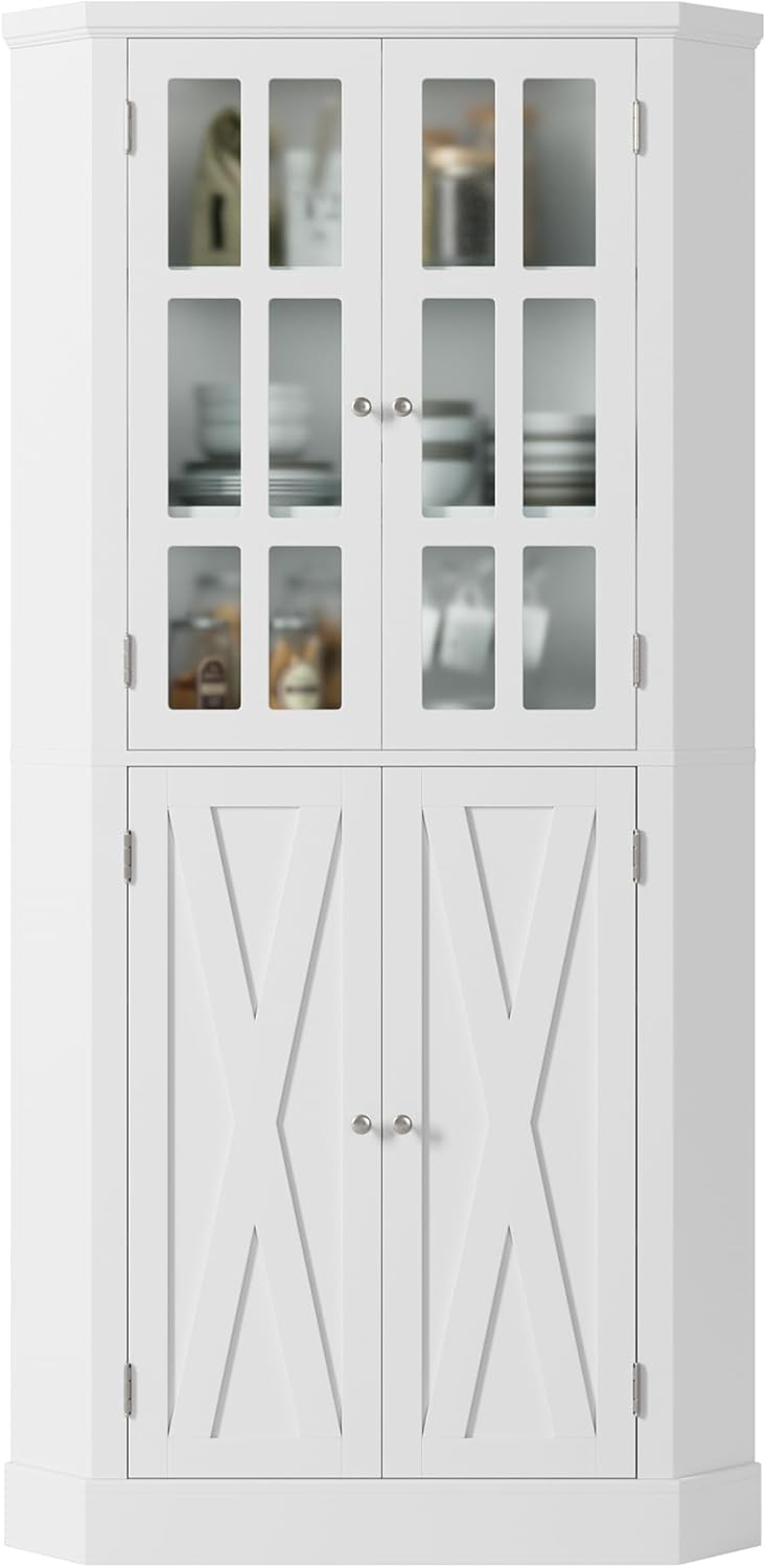 BOTLOG 67" Corner Cabinet, Corner Kitchen Pantry with Doors, Farmhouse Kitchen Cabinet with 6 Storage Shelves, Space Saver for Bathroom, Living Dining Room, White