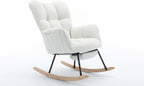 Teddy Fabric Leisure Rocking Chair with Adjustable Footstool – High Backrest Nursery Rocking Chair in Ivory, Solid Wood & Metal Base for Living Room, Bedroom & Baby Room