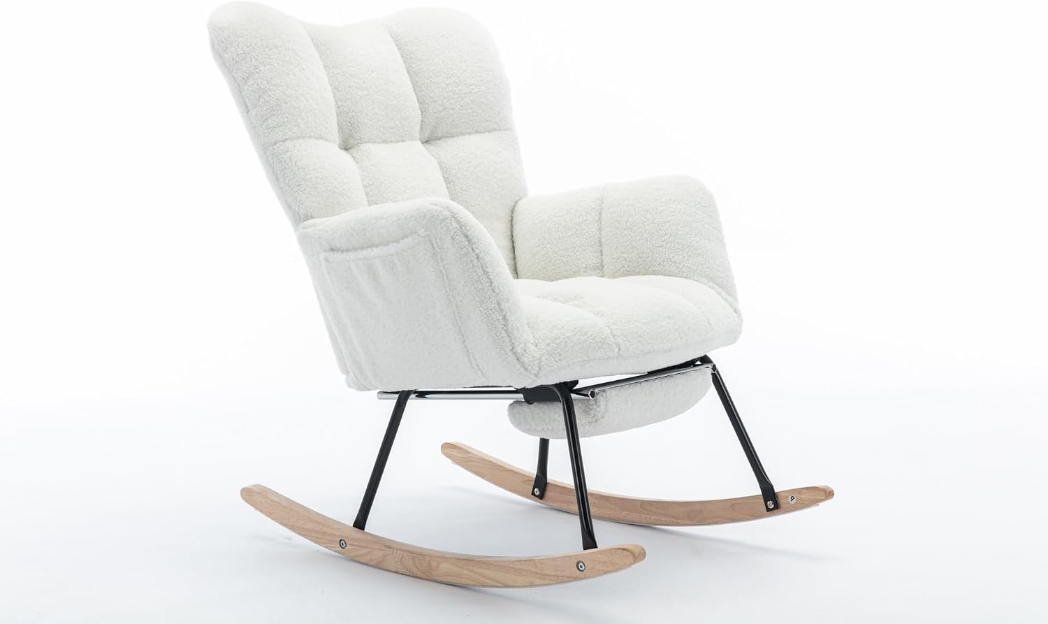 Teddy Fabric Leisure Rocking Chair with Adjustable Footstool – High Backrest Nursery Rocking Chair in Ivory, Solid Wood & Metal Base for Living Room, Bedroom & Baby Room
