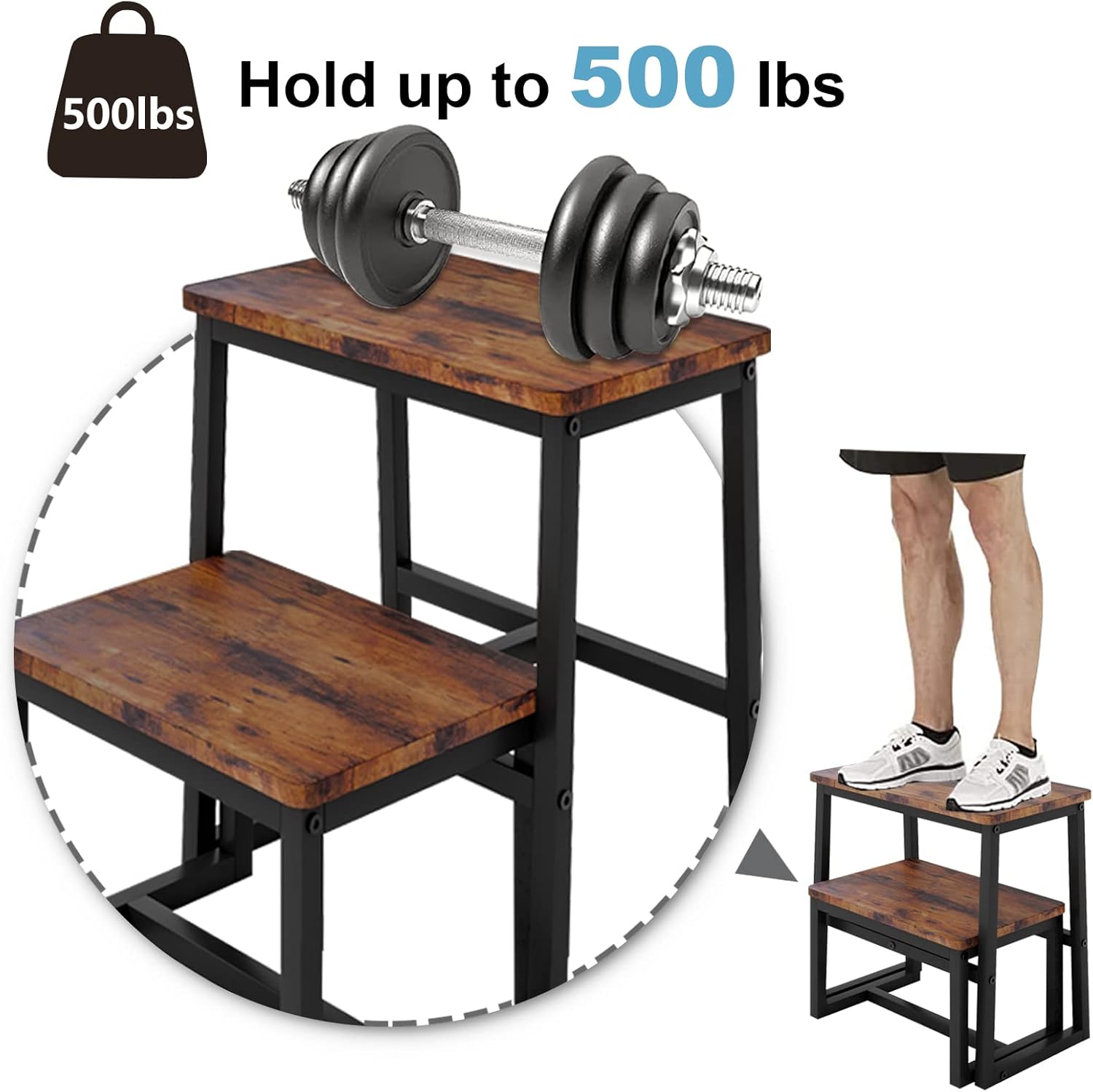 2 Step Stool for Adults Wooden Step Stool with 500 Lbs Capacity, 3 in 1 Heavy Duty Sturdy Stepping Stools Bedside Foot Stool for Kichen/Bathroom/Bedroom High beds, Non-Slip Pads