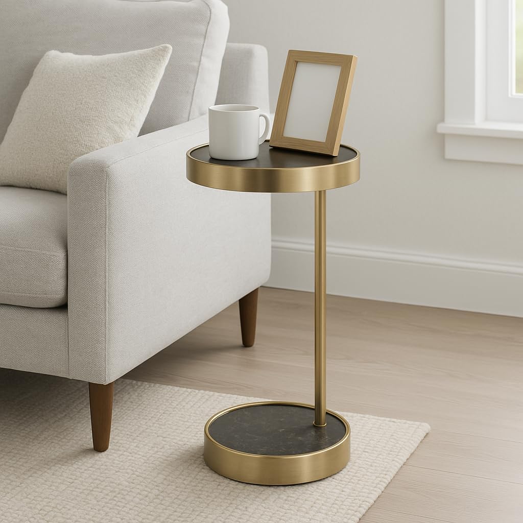 Slim End Table, Side Table, or Night Stand for Home Decor - Elegant Metal Drink Table with Marble Top for Office, Living Room, or Bedroom Decor - A Compact Accent for Small Spaces - 23" Black & Gold