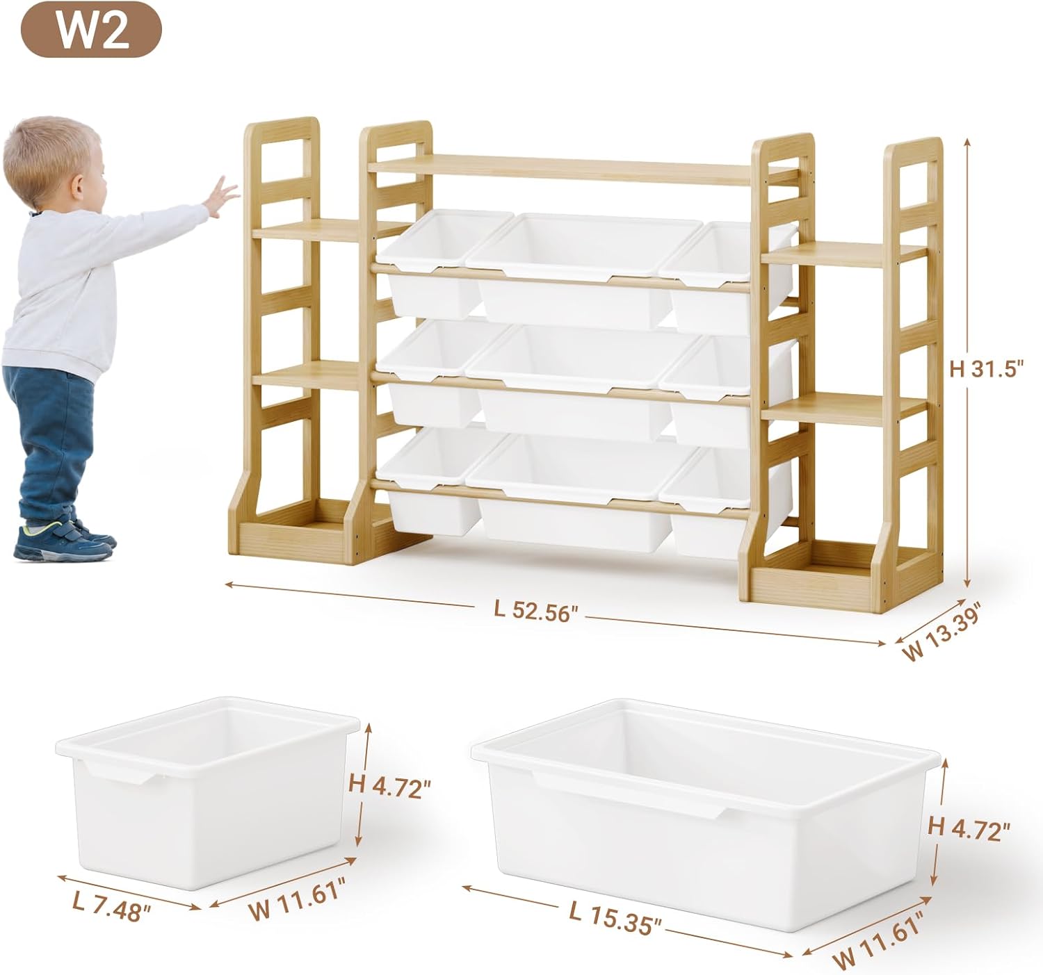 Kids Toy Storage Organizer with Bookshelf, Wooden Toy Shelf with 6 Open Shelves and 9 Removable Bins, Extended Base Sturdy Storage Cabinet for Playroom, Kids Room, Nursery Organization