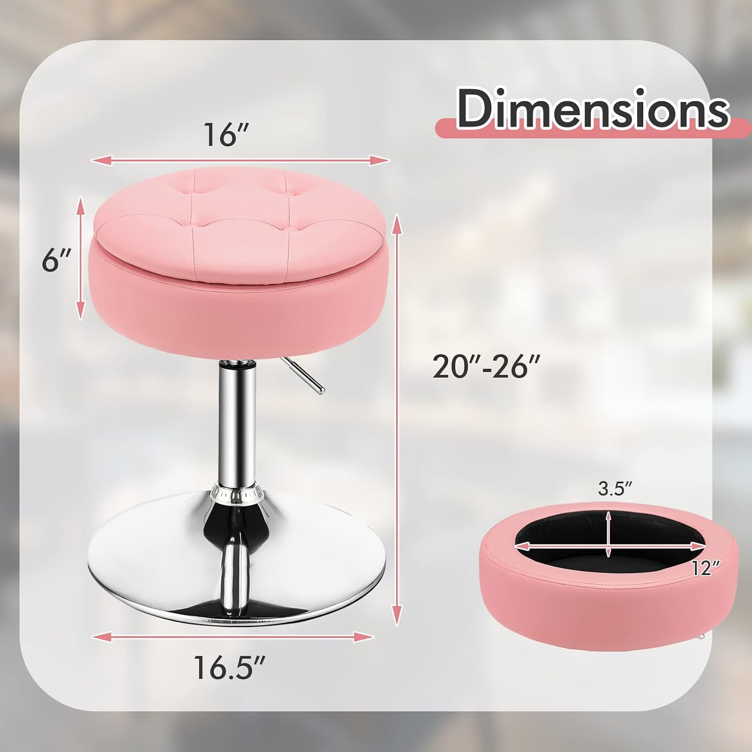 COSTWAY Counter Height Bar Stool, Tufted PU Leather 20"-26" H Adjustable Swivel Vanity Chair with Removable Tray Top and Storage Space, Modern Round Ottoman for Makeup Kitchen Island Shop, Pink