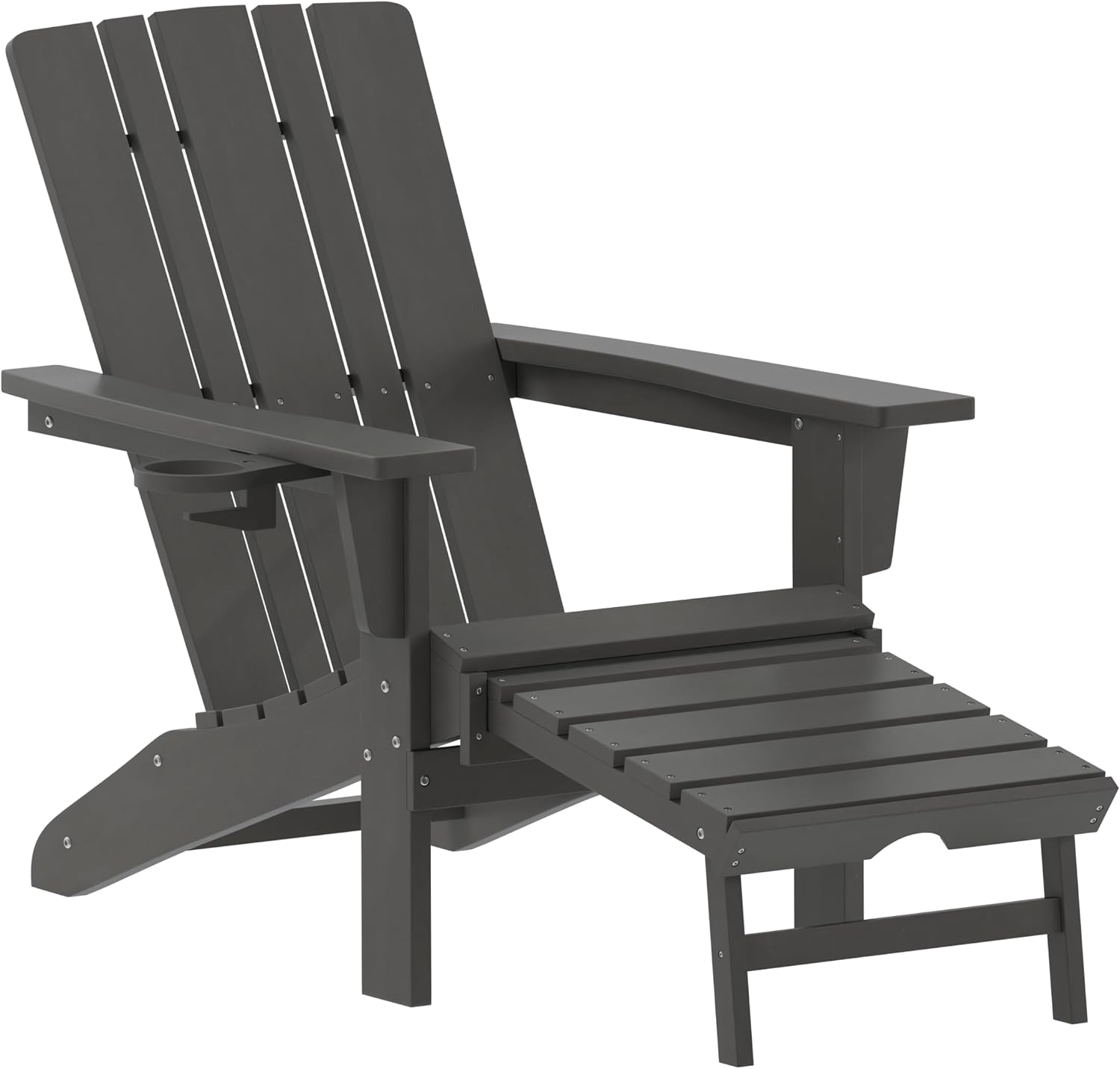 Flash Furniture Halifax Poly Resin Adirondack Chair with Cup Holder and Pull Out Ottoman, All-Weather Poly Resin Indoor/Outdoor Lounge Chair, Gray, Set of 1