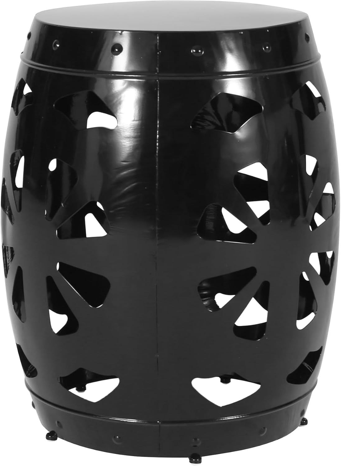 Penau Metal End Table, Powder-Coated Iron Barrel Accent Side Table, Decorative Iron Cut Floral Pattern, No Assembly, 16.50 x 16.50 x 20.75 Inchs, Black