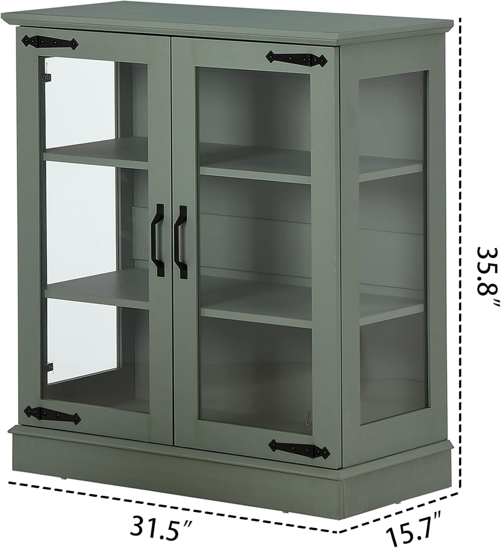 FOREST GRAVITY 31.5'' Small Display Buffet Cabinet with Glass Doors for Great Showcase,Small Coffee bar Cabinet with one Adjustable Shelf and one Fixed Shelf,Modern Sideboard Buffet for Kitchen,Green