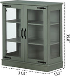 FOREST GRAVITY 31.5'' Small Display Buffet Cabinet with Glass Doors for Great Showcase,Small Coffee bar Cabinet with one Adjustable Shelf and one Fixed Shelf,Modern Sideboard Buffet for Kitchen,Green