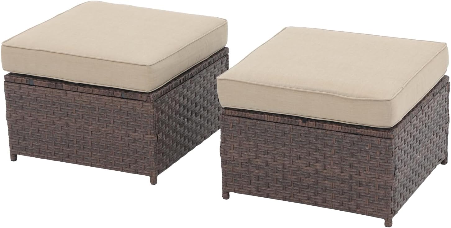SUNSITT Outdoor Patio Ottoman Set of 2, All Weather Rattan Outdoor Ottoman Set, Brown Wicker Footstool Ottoman Footrest Seat w/Olefin Beige Cushions for Balcony, Porch and Deck