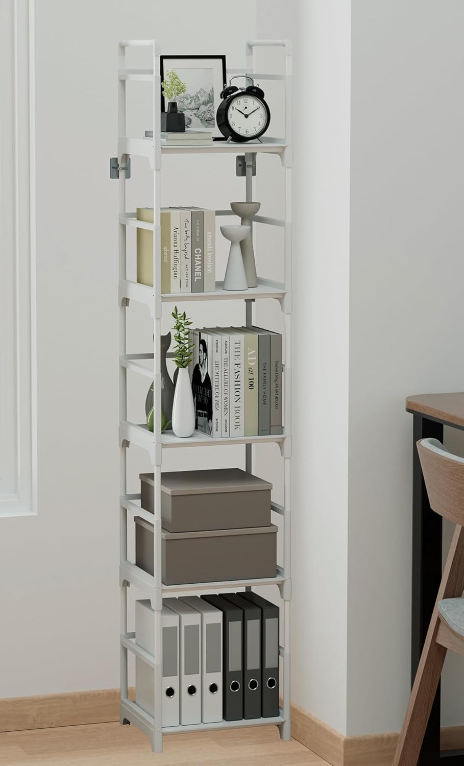 FIDUCIAL HOME 5 Tiers Narrow Bookshelf White Skinny Book Shelf Slim Thin Open Bookcase Small Spaces for Space Saving Easy Assemble