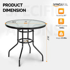 VINGLI Round Patio Table with Umbrella Hole, 32" Outdoor Dining Table Steel Tempered Glass Patio Tables Round Outdoor Tables for Balcony Garden Deck