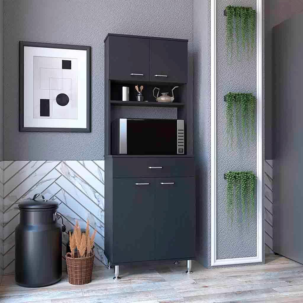 Black 67" H Pantry Cabinet, 4 Doors, 1 Drawer, Microwave Storage & 5 Shelves