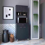 Black 67" H Pantry Cabinet, 4 Doors, 1 Drawer, Microwave Storage & 5 Shelves