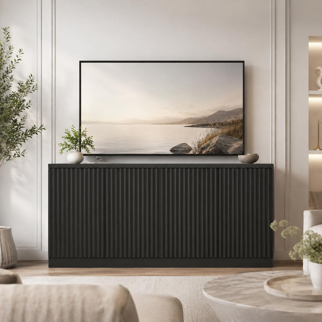 Fluted Sideboard Buffet Cabinet, 63" Credenza Storage Cabinet with 4/6 Doors,Media Console Table for Living Room Kitchen Entryway,Anti-Tip (Black)
