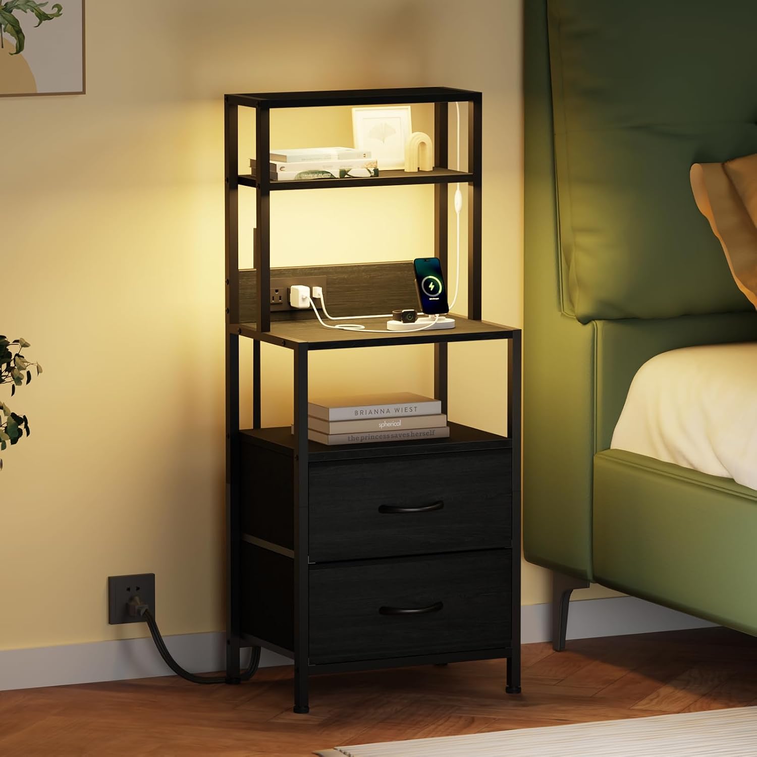 Furnulem Nightstand, Tall Night Stand & Bedside Table with Charging Station | RGB LED Light & USB Ports & type-C, 2 Fabric Drawers and 4-Tier Shelves Bedside End Table for Bedroom Dorm Storage, Black Oak