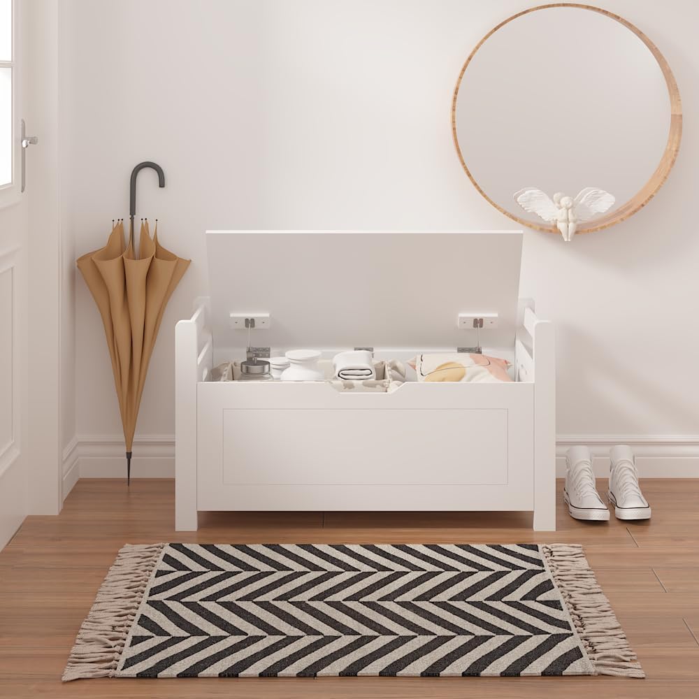 Kids Toy Storage Box with Cushion Seat & Flip-Top Lid – White Wooden Toy Chest with Safety Hinge, Large Organizer Trunk for Nursery, Playroom & Bedroom