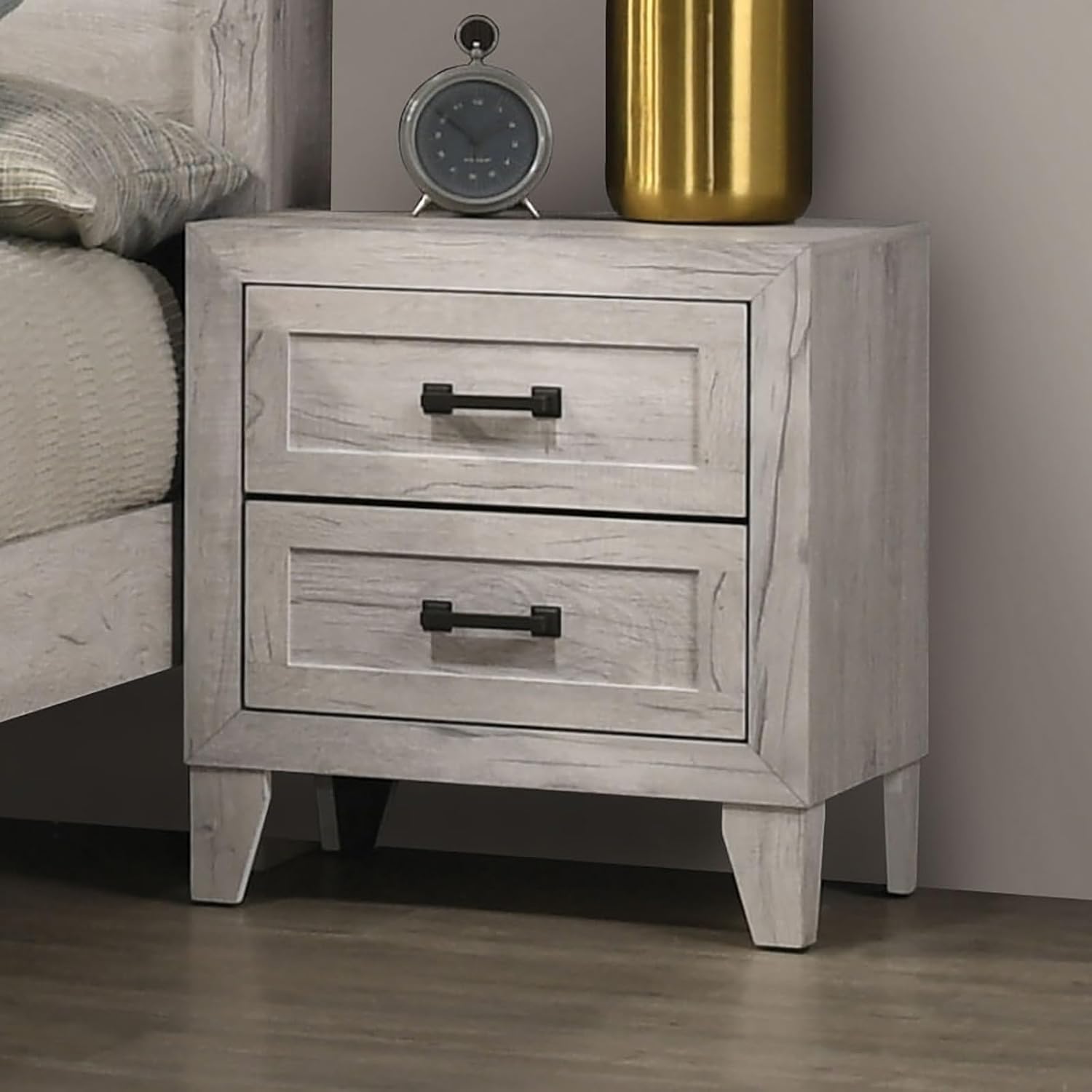Bedside Table White Wash Finish Striking Elegant 1pc Nightstand Contemporary Style Black Bar Pull 2-Drawers,for Small Spaces