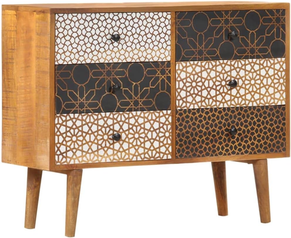 Mid-Century Modern Sideboard with Six Drawers, Solid Mango Wood and MDF Construction, Brown Lacquered Finish with Geometric Printed Patterns, Ample Storage for Dining