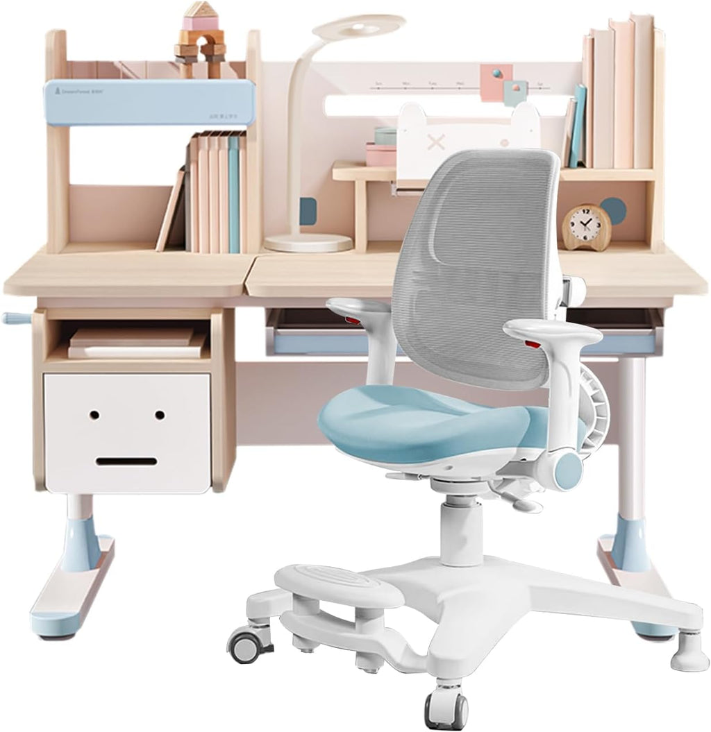FCD Wood Adjustable Height Kids Study Desk with Chair Drafting Table Computer Station Built-in Bookshelf Hutch Multi Function (Blue, Desk and Chair)