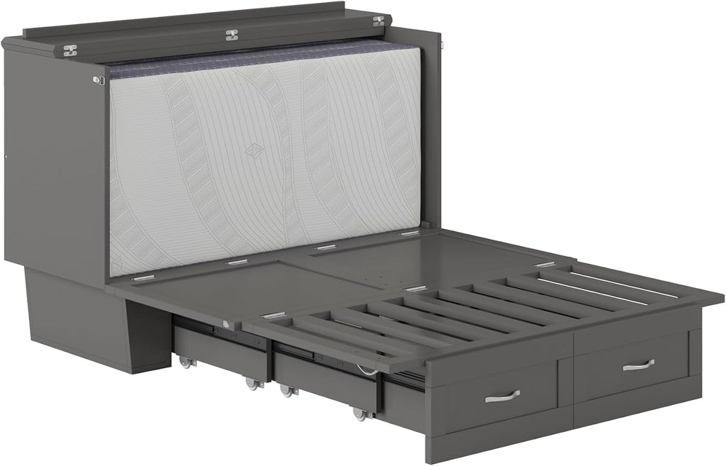 AFI, Monroe Full Murphy Bed Chest with 6" Mattress, Storage Drawer & Built-in USB Charger, Grey