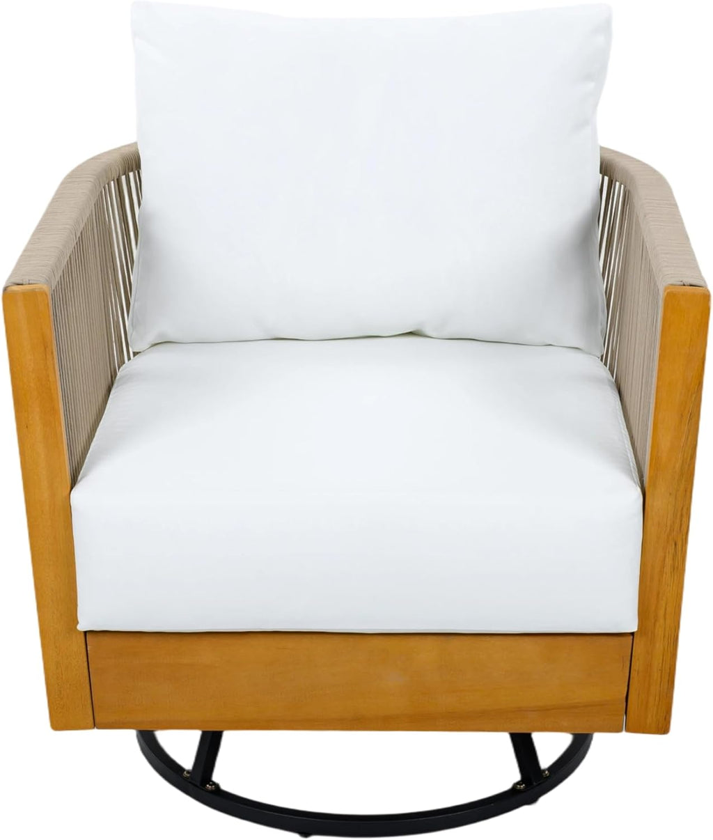 Garden Swivel Chair, Natural Acacia Wood with Handwoven Rope Design, Beige
