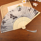 Chinese Style Antique Silk Folding Hand Fan, Elegant Dance Fan Art Crafts with Tassel Handheld Dance Fan Dance Props ﻿