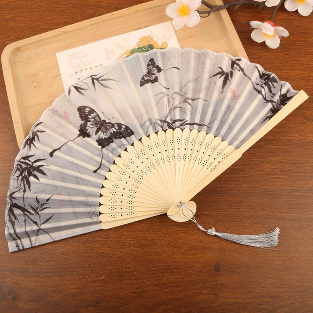 Chinese Style Antique Silk Folding Hand Fan, Elegant Dance Fan Art Crafts with Tassel Handheld Dance Fan Dance Props ﻿