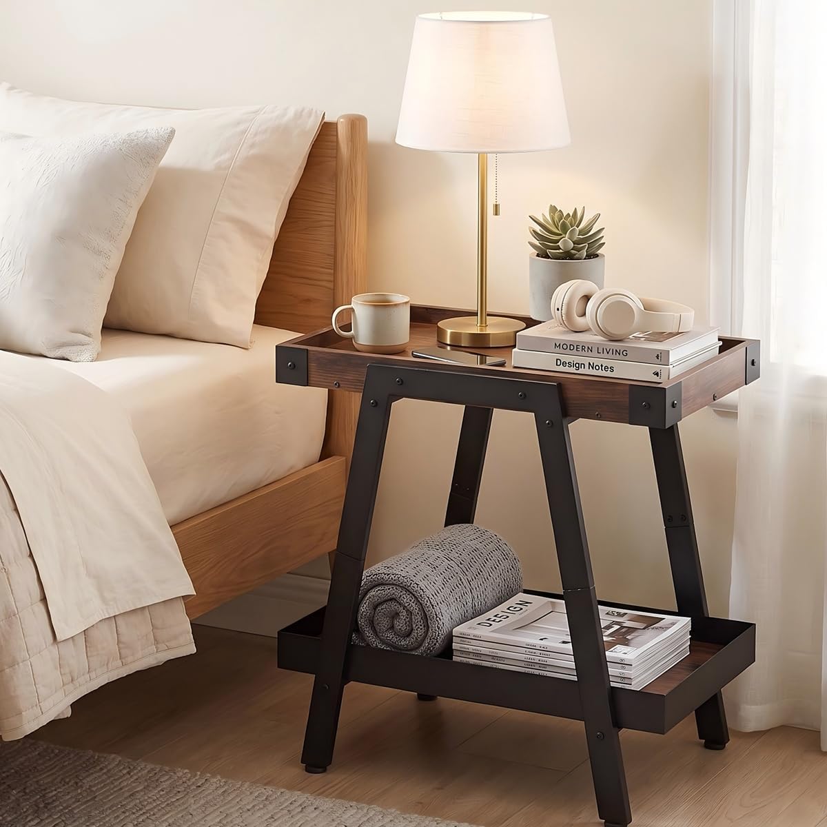 IPARTS EXPERT Farmhouse Side Table | 2-Tier Industrial A-Frame Bedroom Nightstand, Heavy Duty Load to 150 LBS Idea for Living Room, Bedroom, Entryways, Home Offices - Easy Assembly