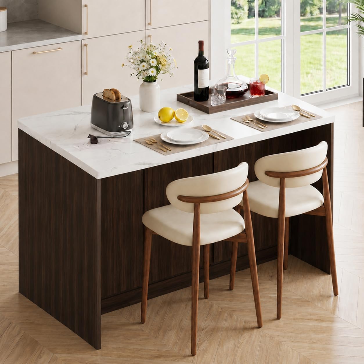 Marble Top Kitchen Island, 47.2" W Kitchen Island on Wheels Islands Table with Power Outlet Rolling Coffee Bar Cart with Buffet Cabinet & Drawer for Dining Room Breakfast Bar Table - Walnut