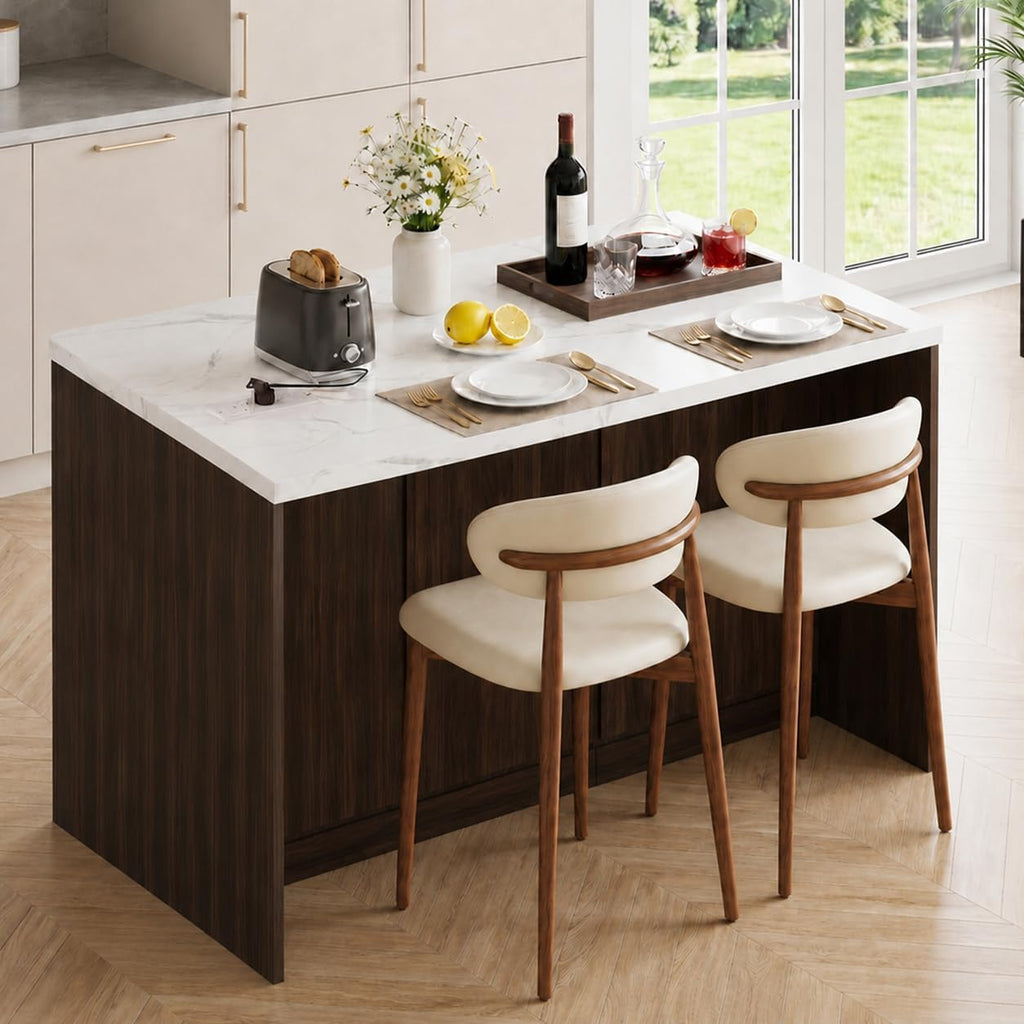 Marble Top Kitchen Island, 47.2" W Kitchen Island on Wheels Islands Table with Power Outlet Rolling Coffee Bar Cart with Buffet Cabinet & Drawer for Dining Room Breakfast Bar Table - Walnut