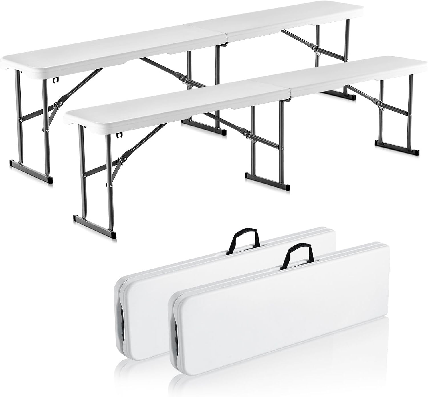 2-Pack 6FT 4cm Thick HDPE Folding Benches for Indoor/Outdoor, Picnic, Party, Camping Events, Smooth White