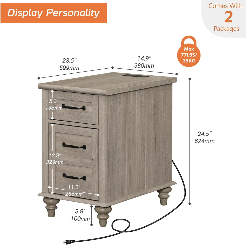 WAMPAT 2 Pack End Tables with Charging Station, Farmhouse Side Table with Drawer & Storage Cabinet, Gray Nightstands with Power Outlets & USB Ports for Living Room, Bedroom