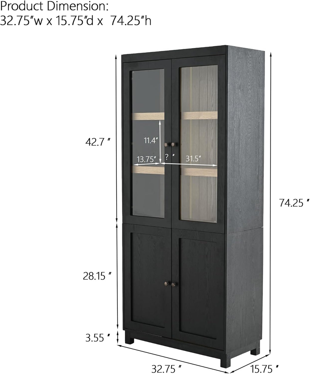 LUMISOL 74.5" Tall Kitchen Pantry Cabinet with Glass Doors & Adjustable Shelves, Ash Wood Grain Display Cabinet with Storage, Modern Bookshelf for Living Room Dining Room Office, Black