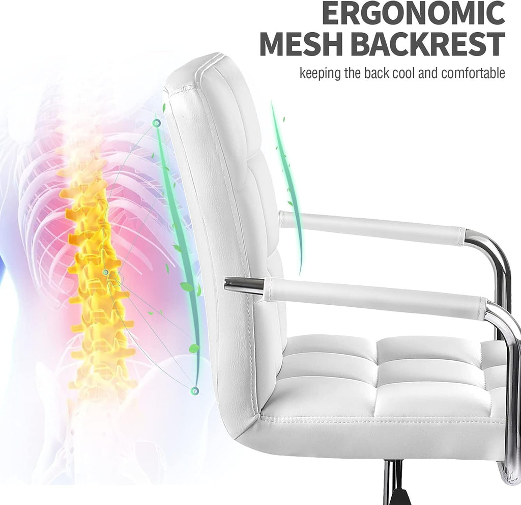 Kemon Office Chiar Desk Chair with Armrests/Wheels Pu Leather Mid Back Adjustable Height Computer Chair for Teens/Students 360°Swivel Rolling Tast Chair(White)