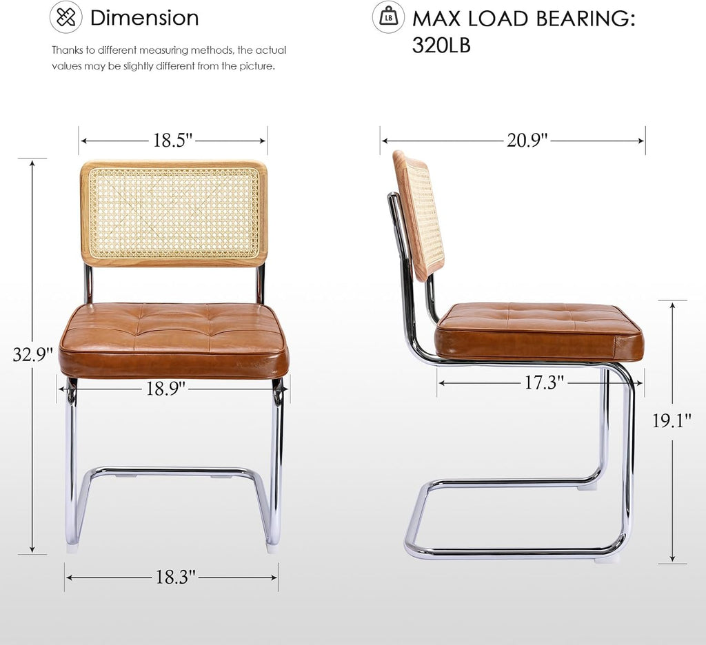 Zesthouse Natural Rattan Dining Chairs Set of 2, Mid Century Modern Dining Room Chairs with Chrome Leg, Faux Leather Kitchen Chair with Solid Wood Back & Cane Mesh, Breuer Cesca Design Inspired, Brown