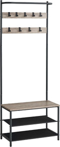 VASAGLE Hall Tree with Bench and Shoe Storage, Entryway Bench with Coat Rack Stand and Shoe Rack, 9 Movable Hooks, Top Bar, Fabric Shelves, Industrial, Greige and Black UHSR411B02