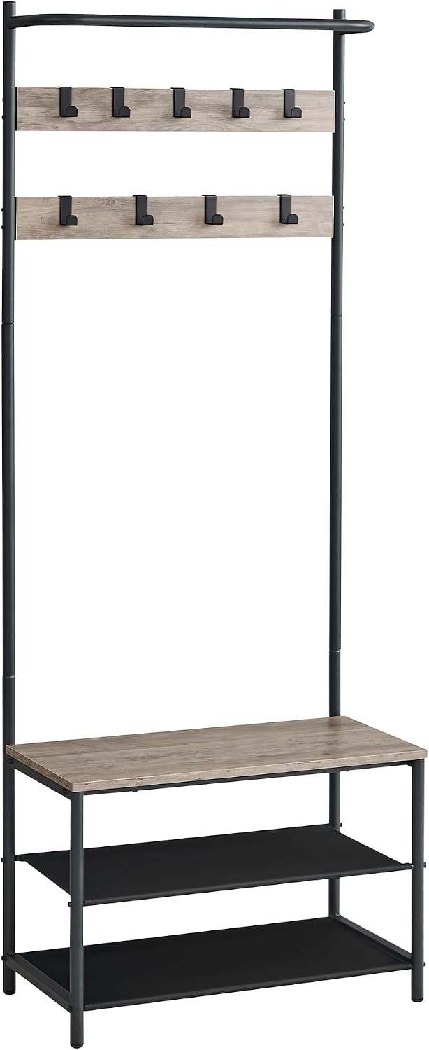 VASAGLE Hall Tree with Bench and Shoe Storage, Entryway Bench with Coat Rack Stand and Shoe Rack, 9 Movable Hooks, Top Bar, Fabric Shelves, Industrial, Greige and Black UHSR411B02