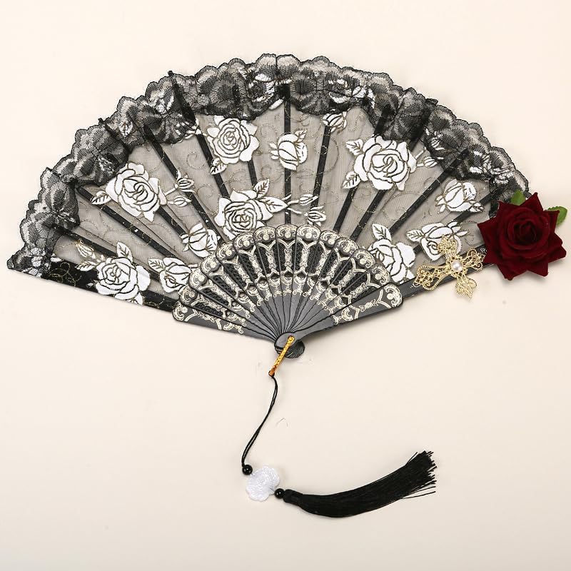 Vintage Lace Folding Hand Fan with Rose & Cross Design, Handmade Decorative Handheld Fan for Party Dance Photography Prop