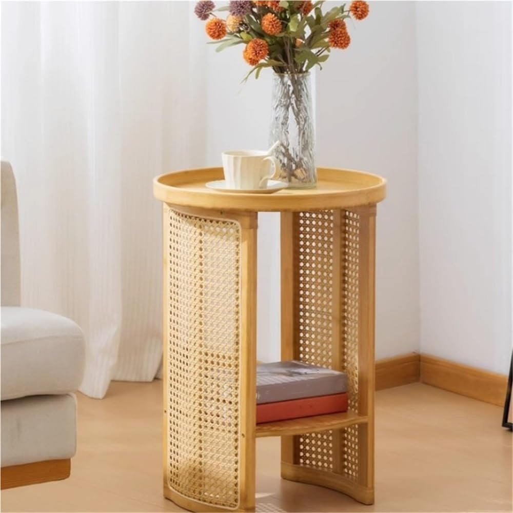 2-Layer Storage End Table, Resin Rattan Small Side Table, Small Round Table with Open Storage, Minimalist Design Sofa Table for Living Room and Balcony(Brown,39cm/15.4in)