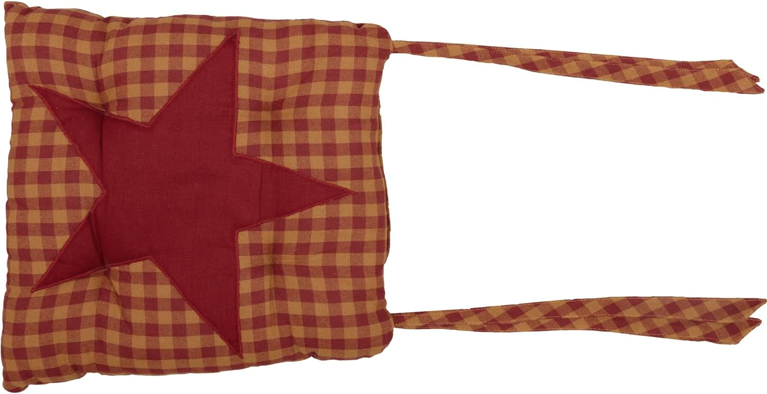 VHC Brands 14"x14" Chair Cushion for Small Dining Chairs with Ties, Burgundy Tan Star Check Plaid, Primitive Farmhouse Indoor Kitchen Seat Cushion, Set of 4