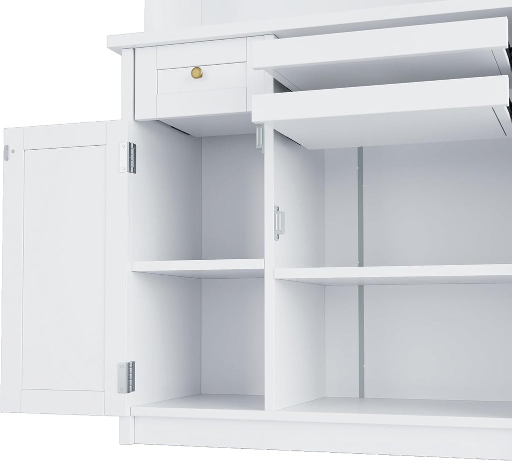 LUMISOL Farmhouse Kitchen Pantry Cabinet with Wine Rack, Freestanding Buffet with Hutch and Adjustable Shelves, Kitchen Hutch with Pull-Out Bottle Trays for Dining Room, 35.4x17.7x74.8 in, White