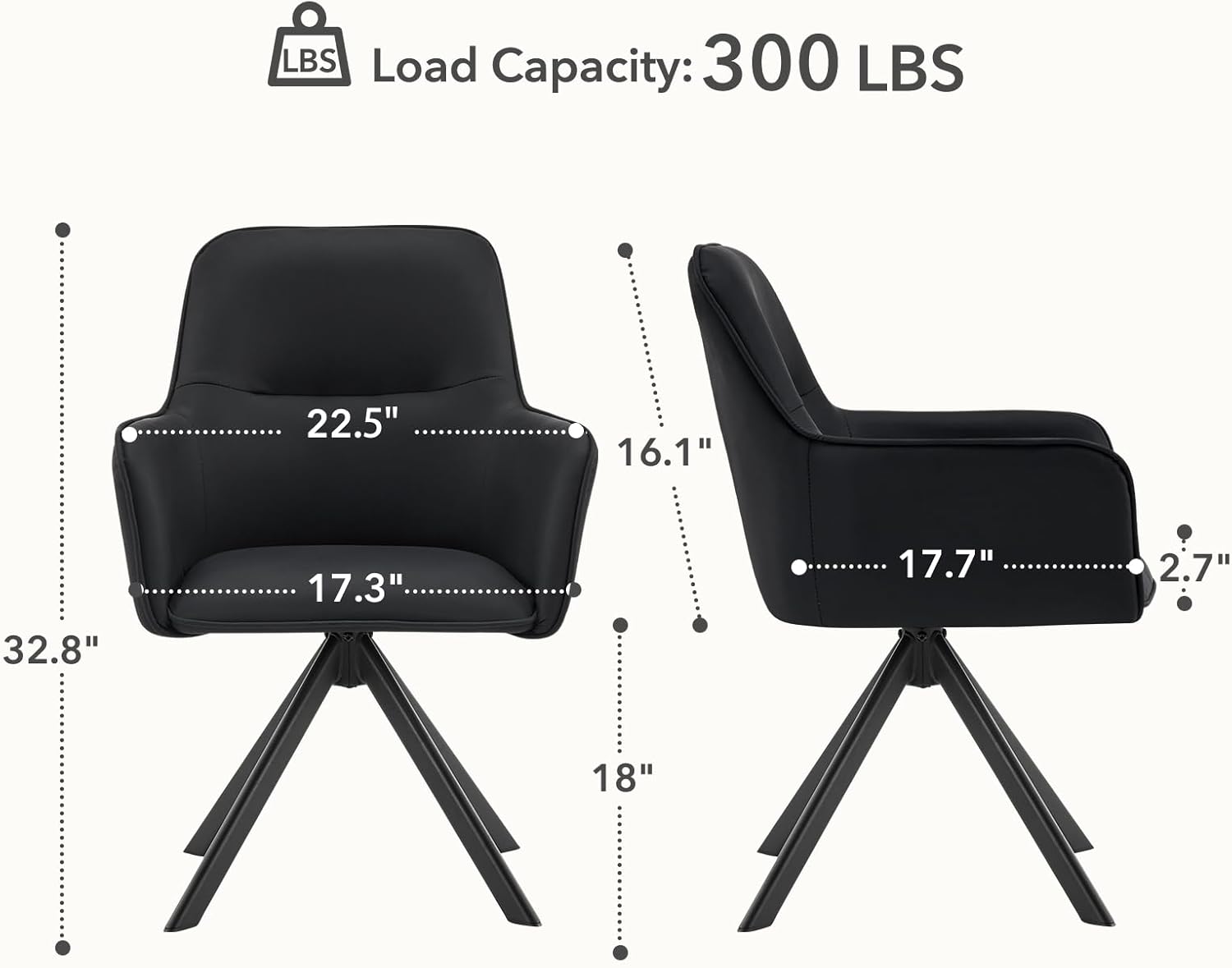 Furniliving Modern Swivel Dining Chairs Set of 2, Upholstered Dining Room Chairs with Thicken Cushion, 360°Swivel Dining Chairs with Metal Legs for Dining Room, Kitchen, Bedroom, PU, Black