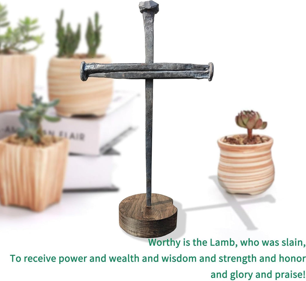 annrose Passion of Jesus Christ Crucifixion Nail Metal Cross,Jesus Christ Tabletop Crucifix,Ordination Gifts,Religious Gifts for Men Women,Religious Fathers Day Gift (Solid Wood Base)