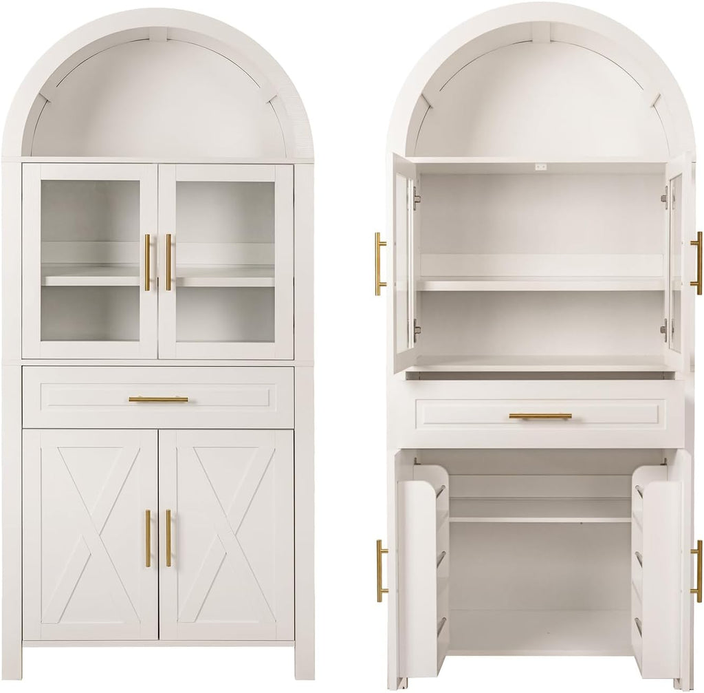 71" Tall Arched Pantry Cabinet Farmhouse Kitchen Pantry with Glass Door, Modern Freestanding Storage Cabinets with Adjustable Shelves & Drawers for Living Room, Kitchen, Dining Room (Arched A, White)