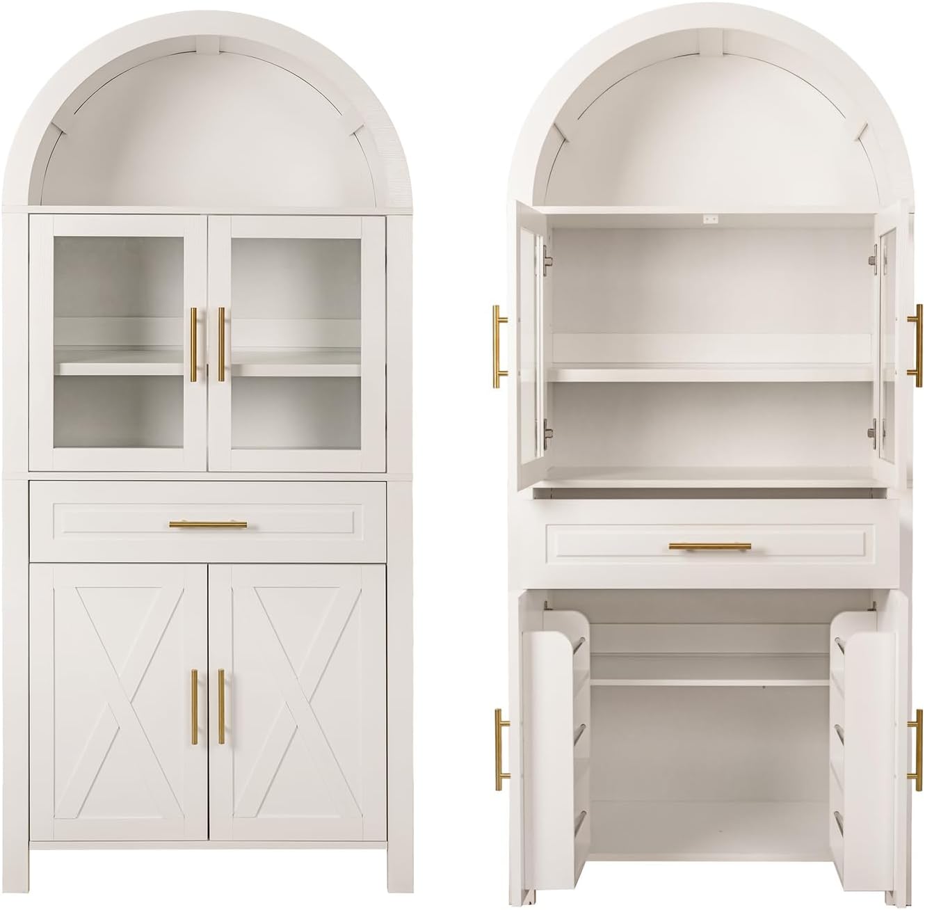 71" Tall Arched Pantry Cabinet Farmhouse Kitchen Pantry with Glass Door, Modern Freestanding Storage Cabinets with Adjustable Shelves & Drawers for Living Room, Kitchen, Dining Room (Arched A, White)
