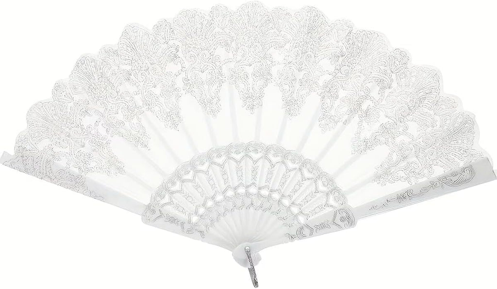 2PCS 9.05in White Lace Folding Hand Fan, Vintage Floral Handheld Fan for Wedding Bridal, Photo Prop, Party Dance, Decorative Cooling Fan,White