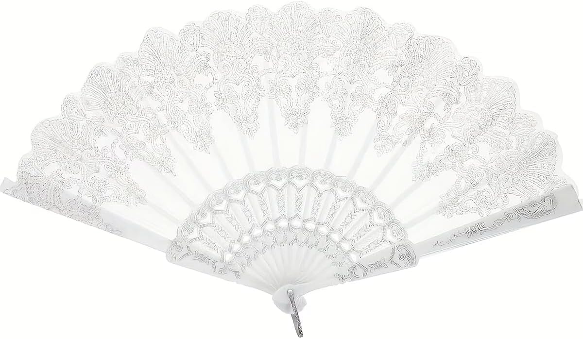 2PCS 9.05in White Lace Folding Hand Fan, Vintage Floral Handheld Fan for Wedding Bridal, Photo Prop, Party Dance, Decorative Cooling Fan,White
