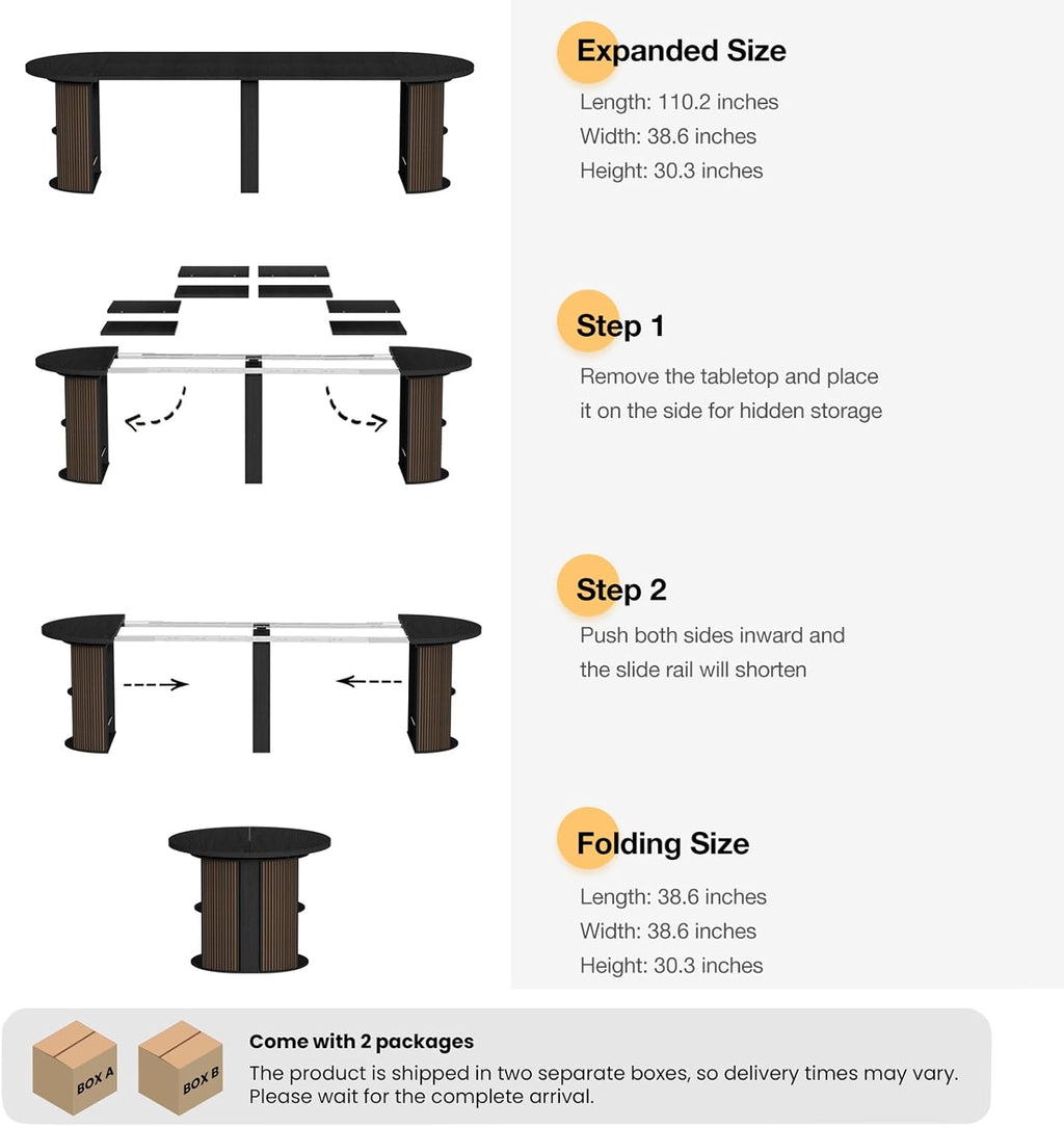38.6" to 110.2" Modern Extendable Dining Table, 2-12 People Expandable Fluted Round Table with Storage, Space Saving Table for Party Weddings Meetings Celebrations (Black)