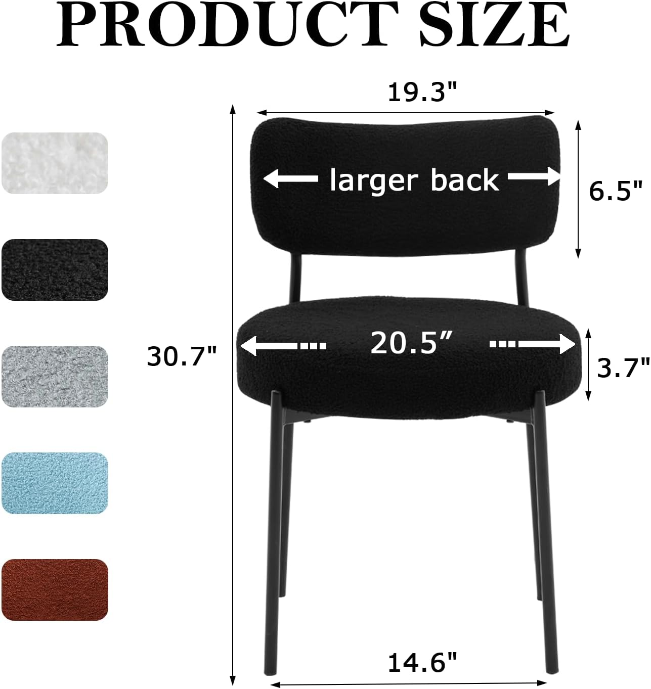 Boucle Dining Chair Set of 6, Mid Century Modern Upholstered Kitchen Chairs with Curved Backrest & Black Metal Legs, Round Dining Room Chairs, Black