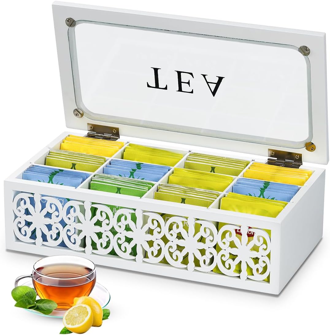 Wooden Tea Box,12 Compartments Tea Organizers and Storage,Decorative Tea Bag Holder Organizer with Clear Top for Countertop Kitchen Cabinet Pantry