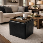 HomePop 17.5" Storage Ottoman with Tray Top - Black Faux Leather